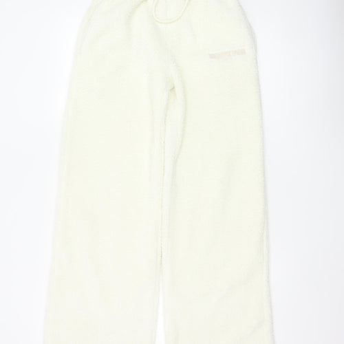 White Fox Women Ivory XS Fleece Wide-Leg Jogger Trousers Drawstring