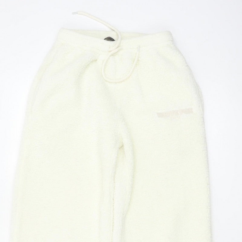 White Fox Women Ivory XS Fleece Wide-Leg Jogger Trousers Drawstring