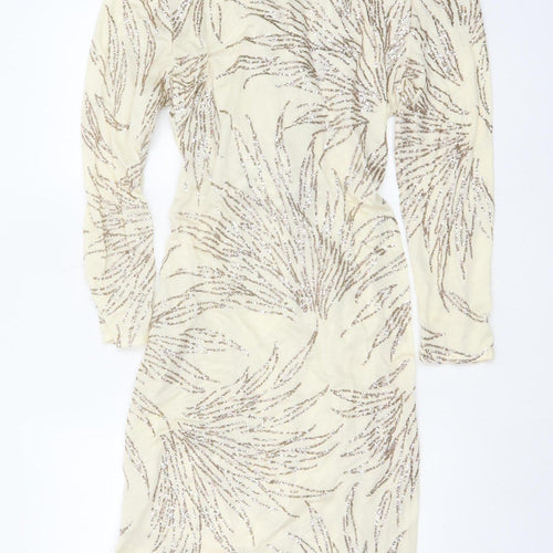 Jin Fizz Women Ivory UK 14 Vintage Sequin V-Neck Midi Sheath Dress