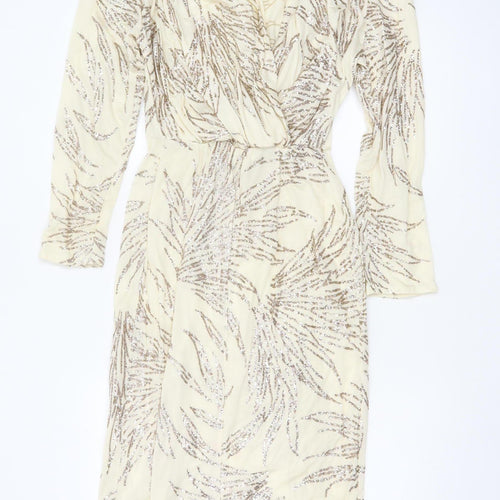 Jin Fizz Women Ivory UK 14 Vintage Sequin V-Neck Midi Sheath Dress