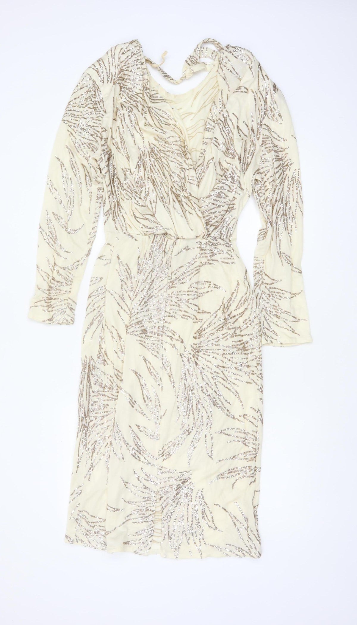 Jin Fizz Women Ivory UK 14 Vintage Sequin V-Neck Midi Sheath Dress