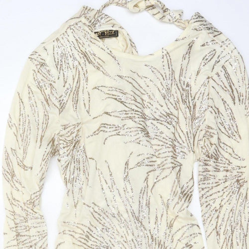 Jin Fizz Women Ivory UK 14 Vintage Sequin V-Neck Midi Sheath Dress