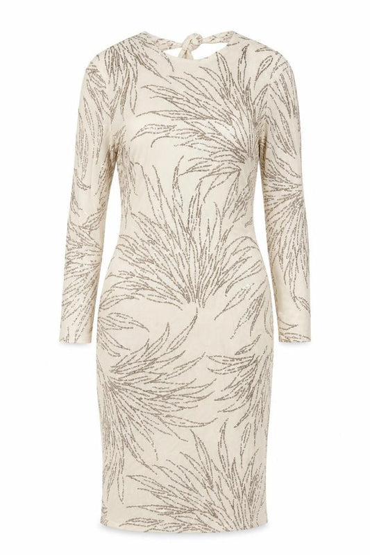 Front view of Jin Fizz Women Ivory UK 14 Vintage Sequin V-Neck Midi Sheath Dress