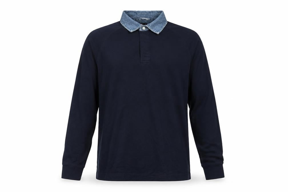 Marks & Spencer Men’s Navy M Long Sleeve Cotton Polo Denim Collar