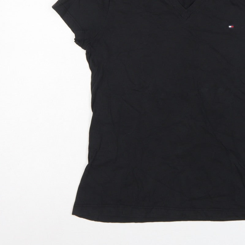 Tommy Hilfiger Women Black M Slim V-Neck Cotton Basic T-Shirt