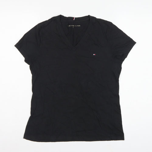 Tommy Hilfiger Women Black M Slim V-Neck Cotton Basic T-Shirt