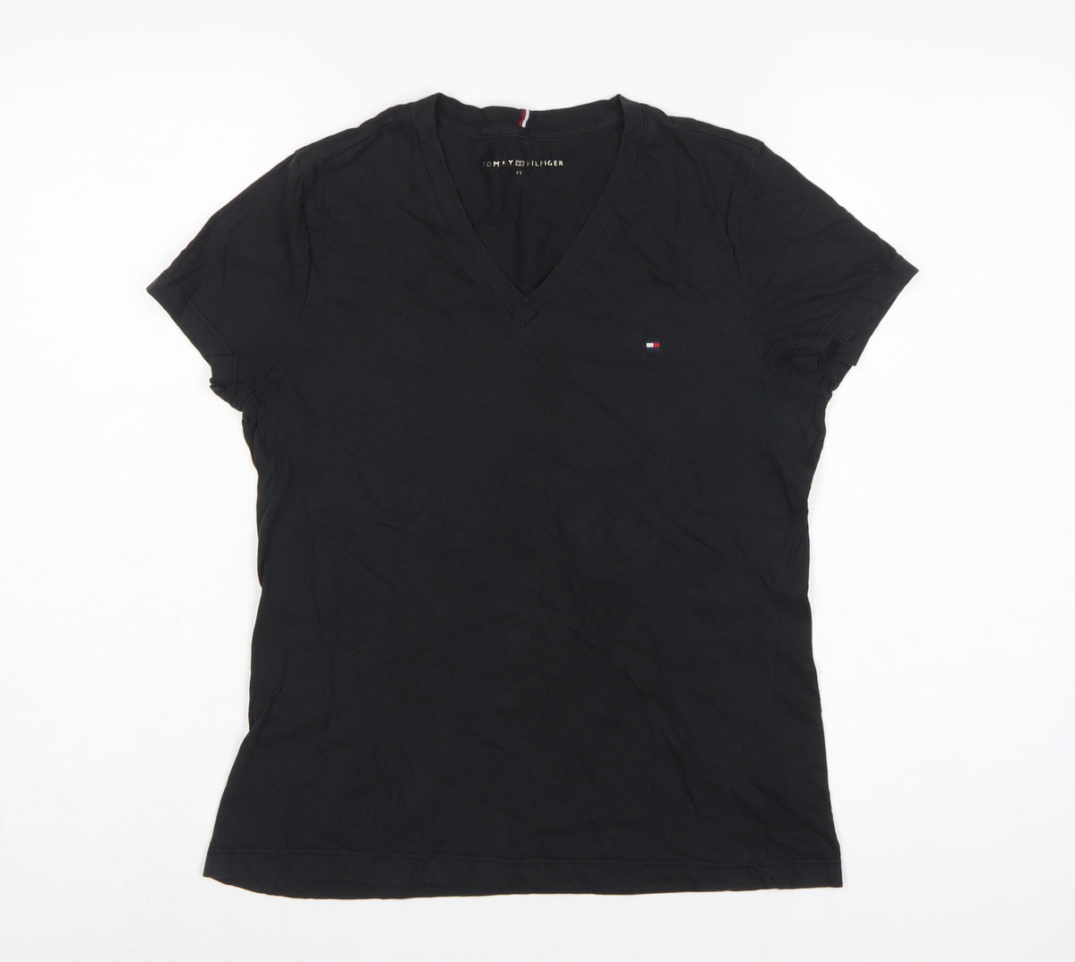 Tommy Hilfiger Women Black M Slim V-Neck Cotton Basic T-Shirt