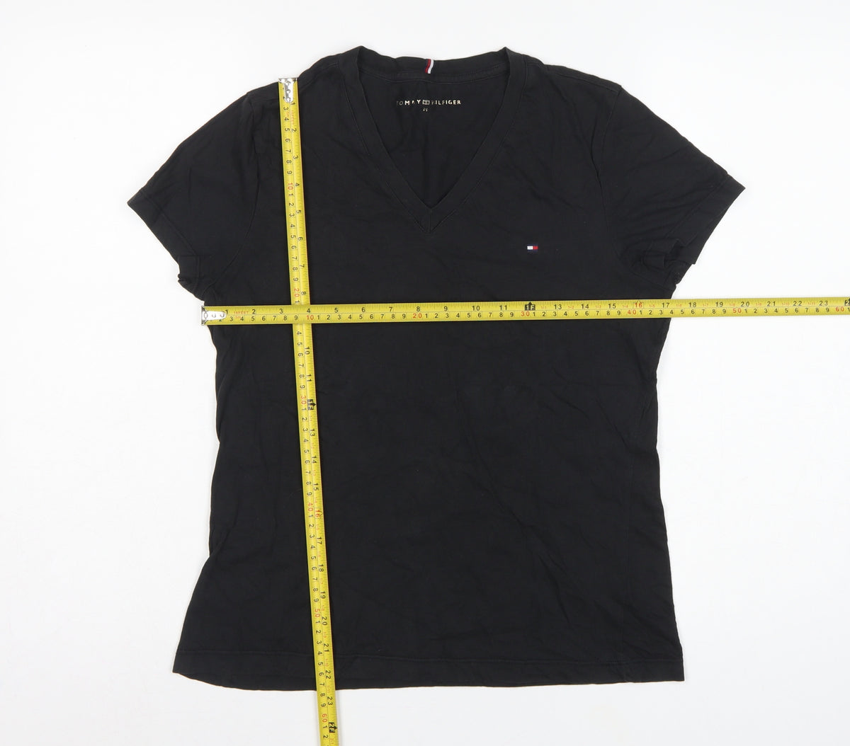 Tommy Hilfiger Women Black M Slim V-Neck Cotton Basic T-Shirt