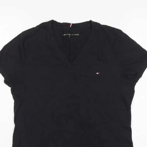 Tommy Hilfiger Women Black M Slim V-Neck Cotton Basic T-Shirt