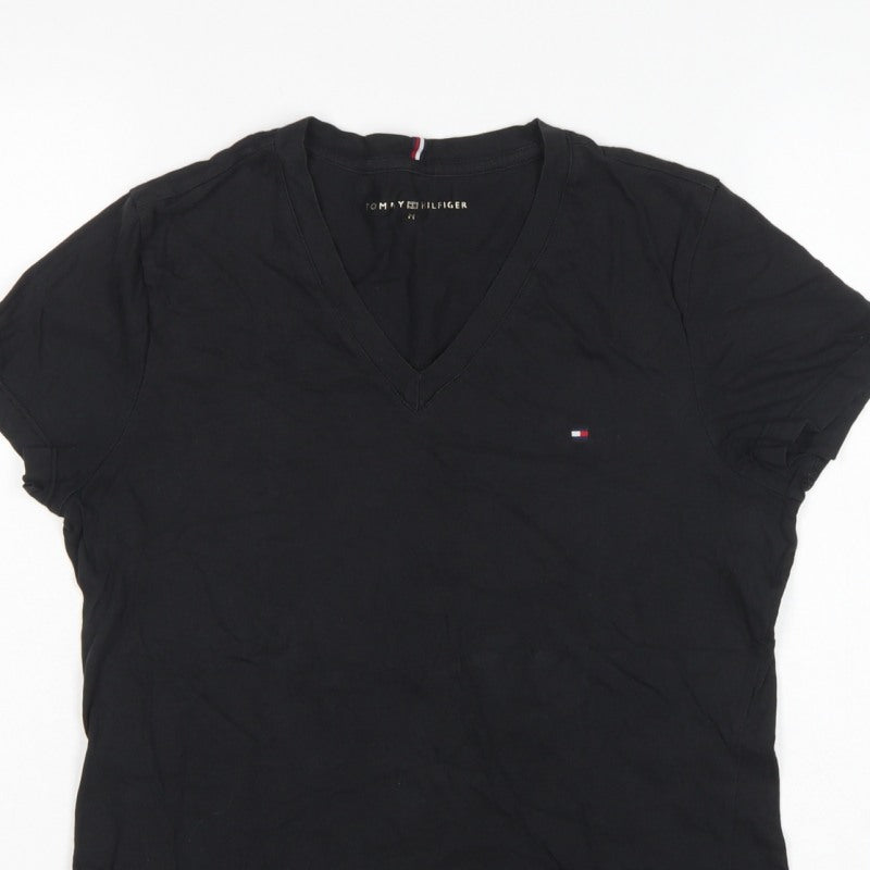 Tommy Hilfiger Women Black M Slim V-Neck Cotton Basic T-Shirt