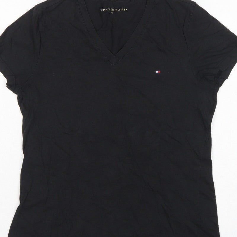 Tommy Hilfiger Women Black M Slim V-Neck Cotton Basic T-Shirt