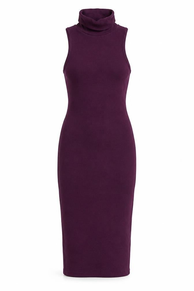 Zara Women Purple S Bodycon Midi Roll Neck Sleeveless Ribbed Dress