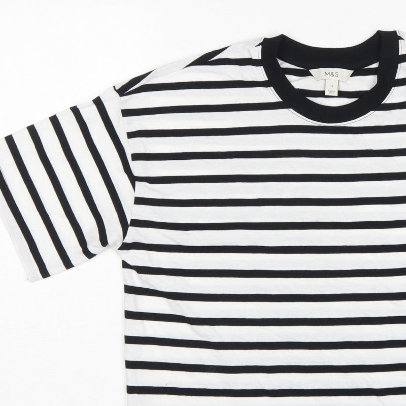 Marks and Spencer Women White Black Stripe Cotton T-Shirt UK 12 Basic