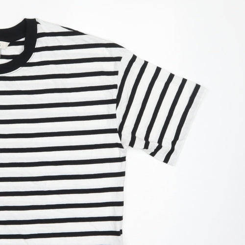 Marks and Spencer Women White Black Stripe Cotton T-Shirt UK 12 Basic