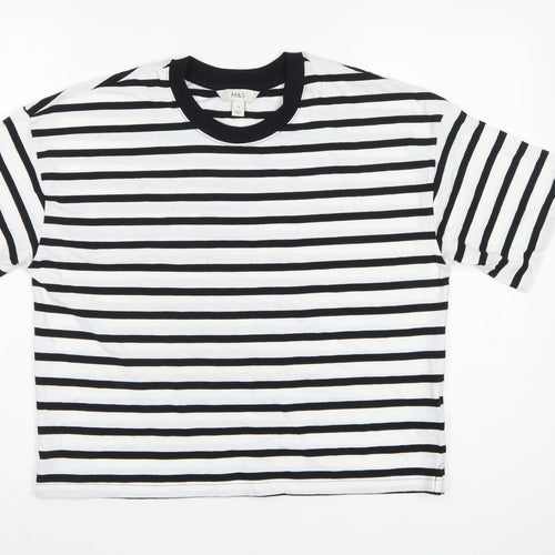 Marks and Spencer Women White Black Stripe Cotton T-Shirt UK 12 Basic