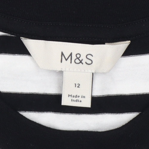Marks and Spencer Women White Black Stripe Cotton T-Shirt UK 12 Basic