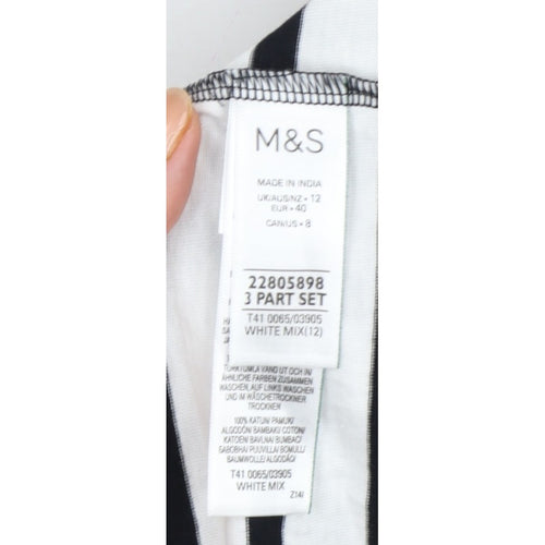Marks and Spencer Women White Black Stripe Cotton T-Shirt UK 12 Basic