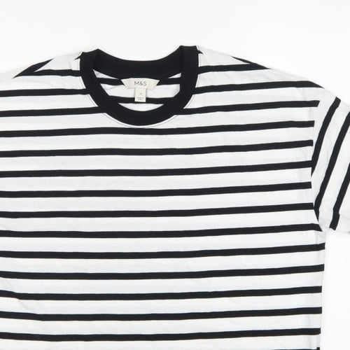 Marks and Spencer Women White Black Stripe Cotton T-Shirt UK 12 Basic