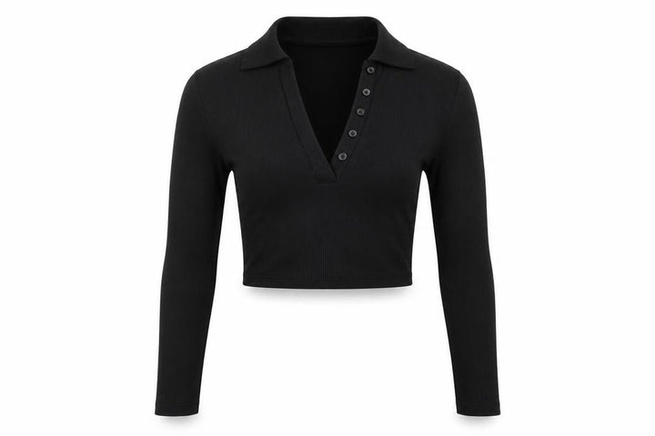 Zara Women Black S Cropped Rib Knit Long Sleeve Button Polo Top