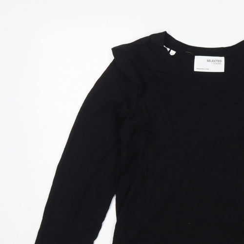 Selected Femme Women Black S Ruffle V-Neck Long Sleeve Cotton Blouse