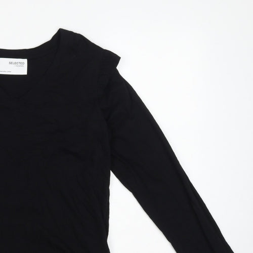Selected Femme Women Black S Ruffle V-Neck Long Sleeve Cotton Blouse