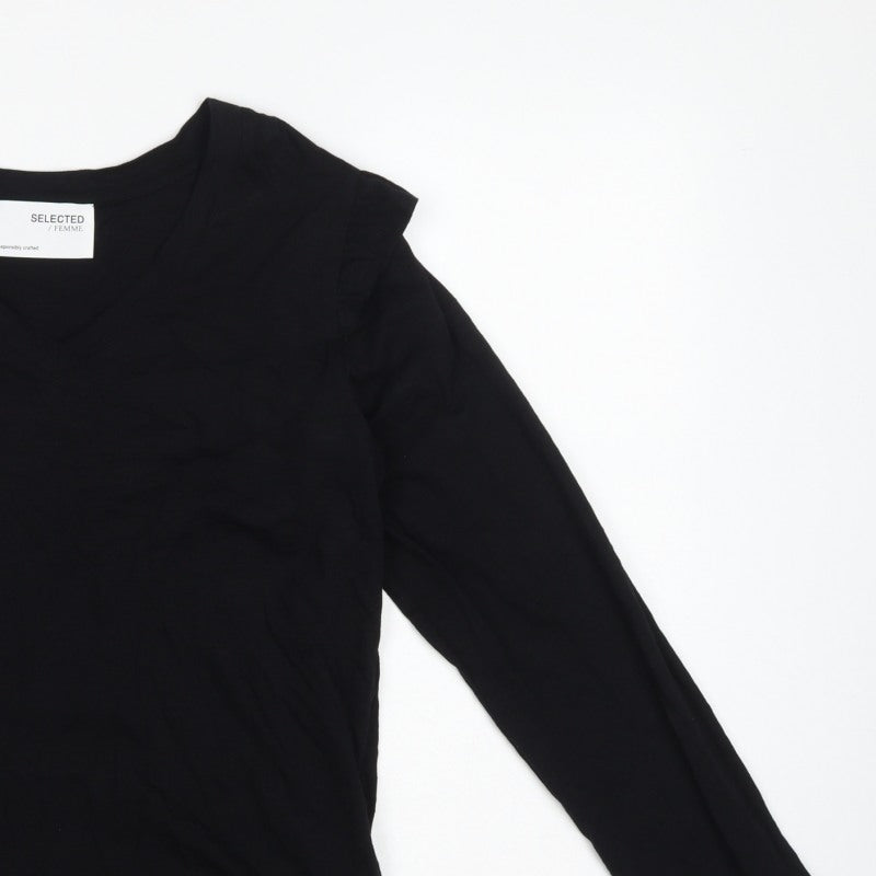 Selected Femme Women Black S Ruffle V-Neck Long Sleeve Cotton Blouse