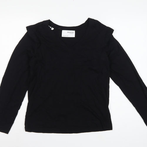 Selected Femme Women Black S Ruffle V-Neck Long Sleeve Cotton Blouse