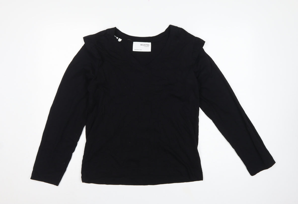 Selected Femme Women Black S Ruffle V-Neck Long Sleeve Cotton Blouse
