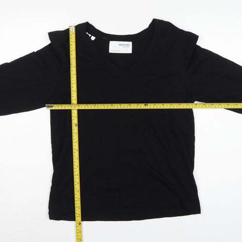 Selected Femme Women Black S Ruffle V-Neck Long Sleeve Cotton Blouse