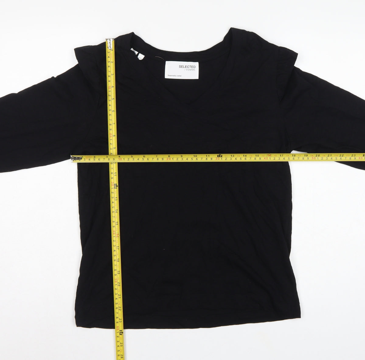 Selected Femme Women Black S Ruffle V-Neck Long Sleeve Cotton Blouse