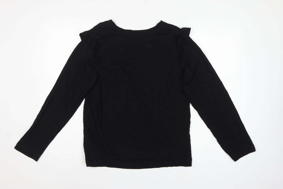 Selected Femme Women Black S Ruffle V-Neck Long Sleeve Cotton Blouse