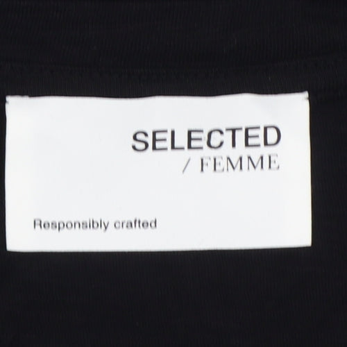 Selected Femme Women Black S Ruffle V-Neck Long Sleeve Cotton Blouse