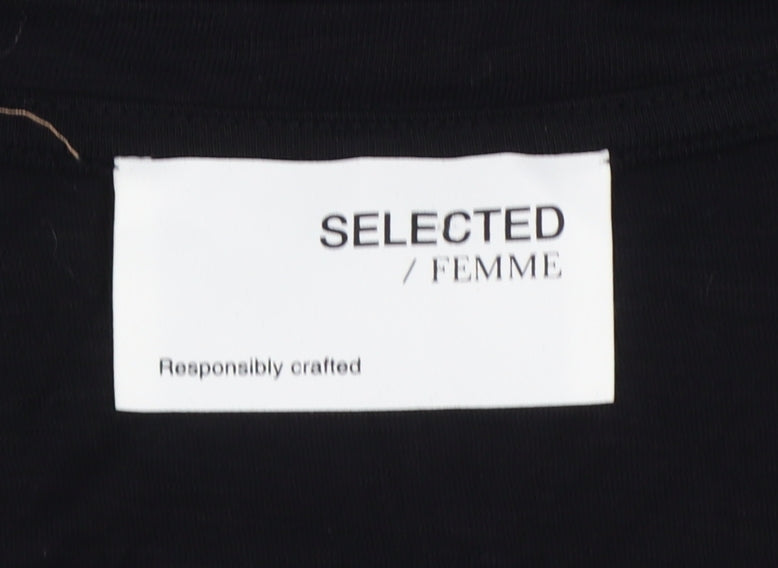 Selected Femme Women Black S Ruffle V-Neck Long Sleeve Cotton Blouse