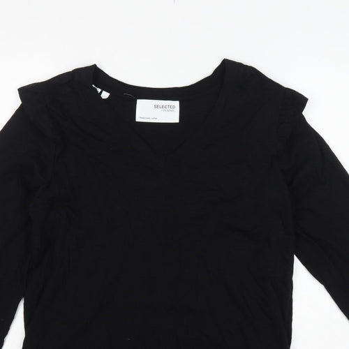 Selected Femme Women Black S Ruffle V-Neck Long Sleeve Cotton Blouse