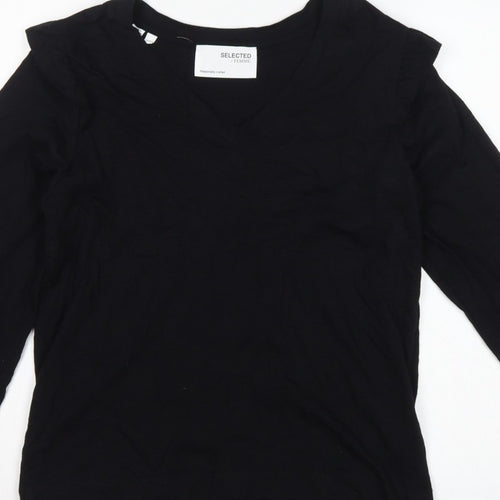 Selected Femme Women Black S Ruffle V-Neck Long Sleeve Cotton Blouse