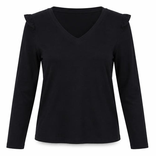 Selected Femme Women Black S Ruffle V-Neck Long Sleeve Cotton Blouse