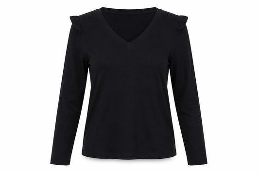 Selected Femme Women Black S Ruffle V-Neck Long Sleeve Cotton Blouse