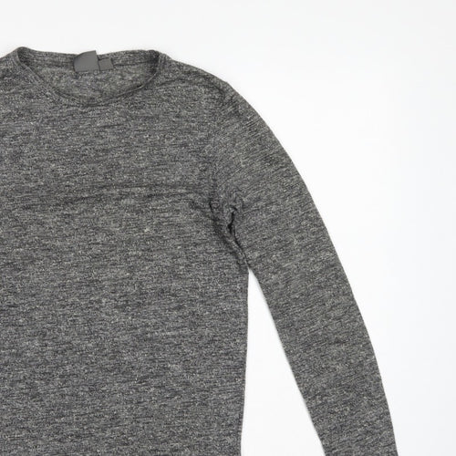 ASOS Men Grey Marl Slim Long Sleeve Crew Neck Curved Hem T-Shirt M