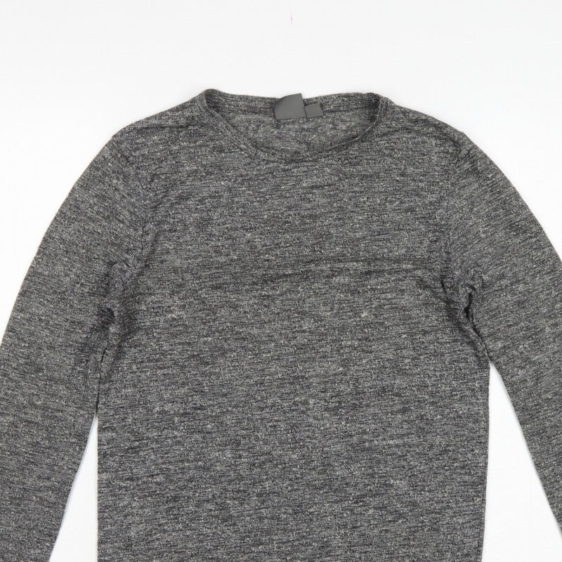 ASOS Men Grey Marl Slim Long Sleeve Crew Neck Curved Hem T-Shirt M
