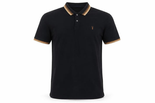 Next Men’s Black L Regular Fit Cotton Polo Shirt Striped Trim Stag Logo