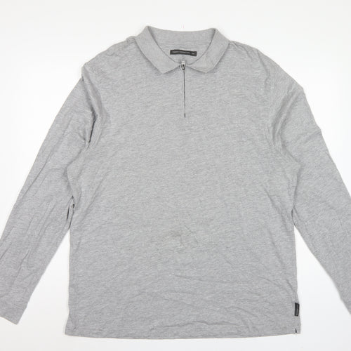French Connection Men Grey 2XL Long Sleeve 1/4 Zip Polo Shirt