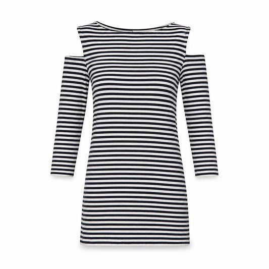 Baukjen Women Blue White Striped UK 8 Basic Boat Neck 3/4 Sleeve Jersey Top
