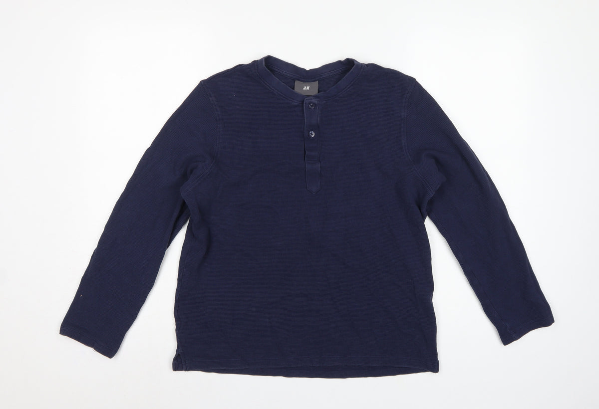 H&M Men's Blue M Long Sleeve Waffle Knit Henley Cotton T-Shirt