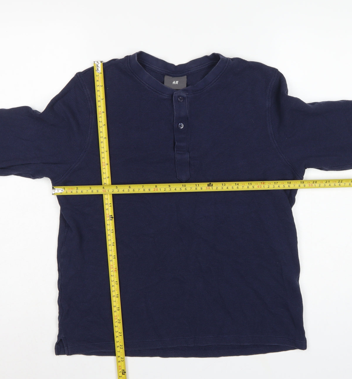 H&M Men's Blue M Long Sleeve Waffle Knit Henley Cotton T-Shirt