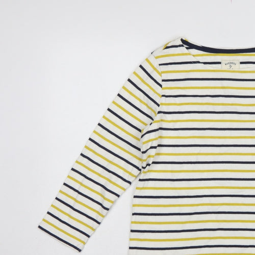 Joules Women White Navy Yellow Striped Basic Cotton Long Sleeve Top UK 14