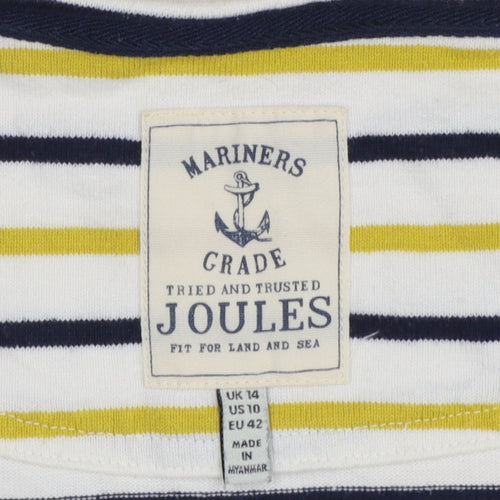 Joules Women White Navy Yellow Striped Basic Cotton Long Sleeve Top UK 14