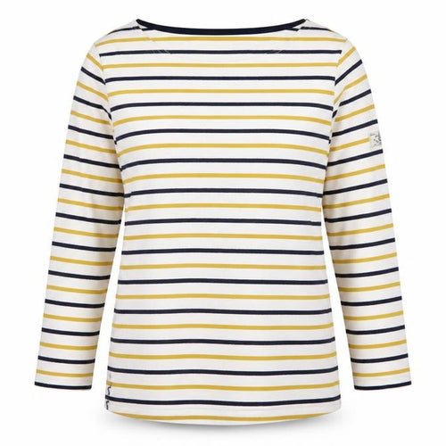 Joules Women White Navy Yellow Striped Basic Cotton Long Sleeve Top UK 14