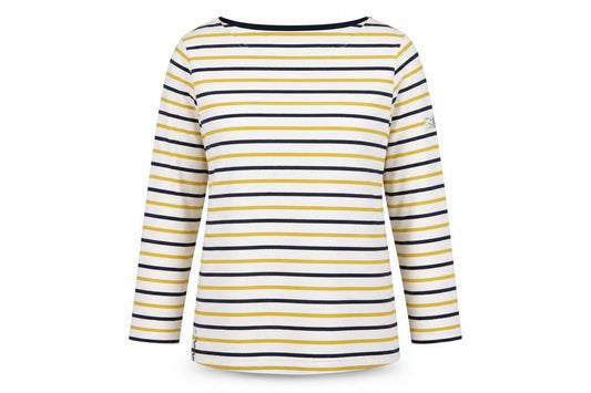 Joules Women White Navy Yellow Striped Basic Cotton Long Sleeve Top UK 14