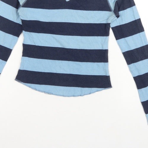 Benetton Women Blue Stripe Tie Keyhole Long Sleeve Jersey Top M