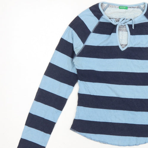 Benetton Women Blue Stripe Tie Keyhole Long Sleeve Jersey Top M
